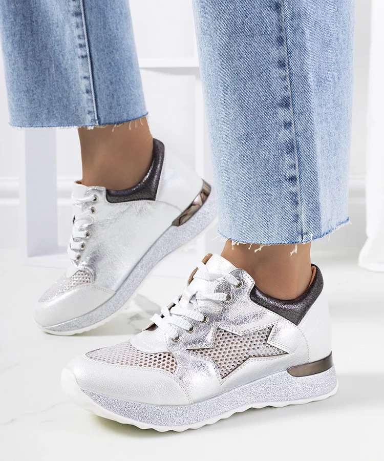 Białe sportowe metaliczne sznurowane sneakersy ażurowe Torres