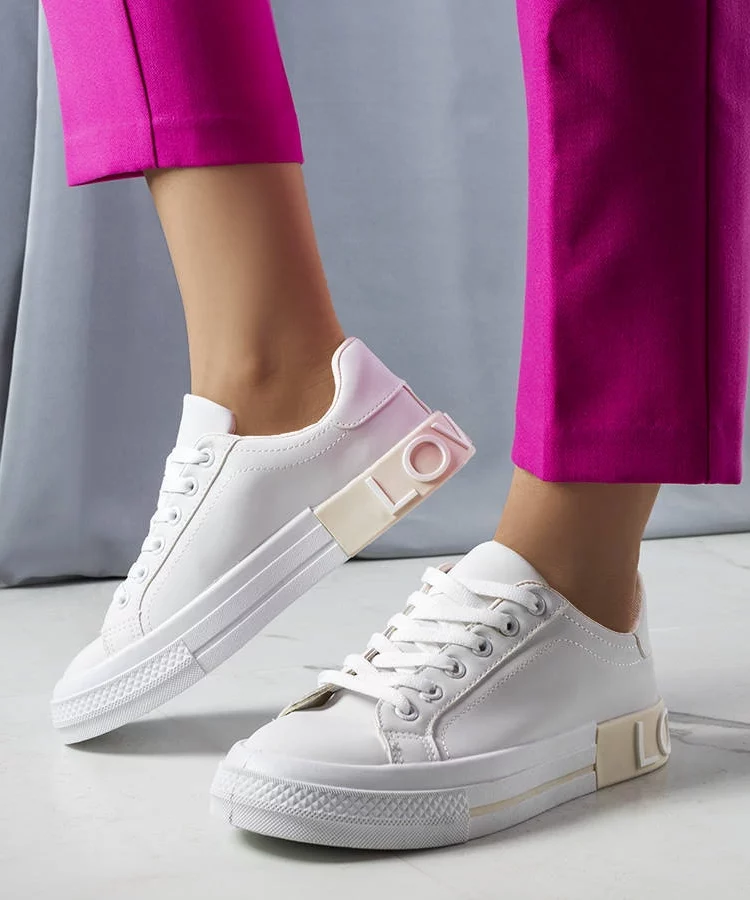 Biało-beżowe tenisówki zdobione napisem Nora