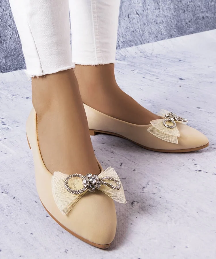 Beżowe baleriny z kokardką i cyrkoniami LaGarde