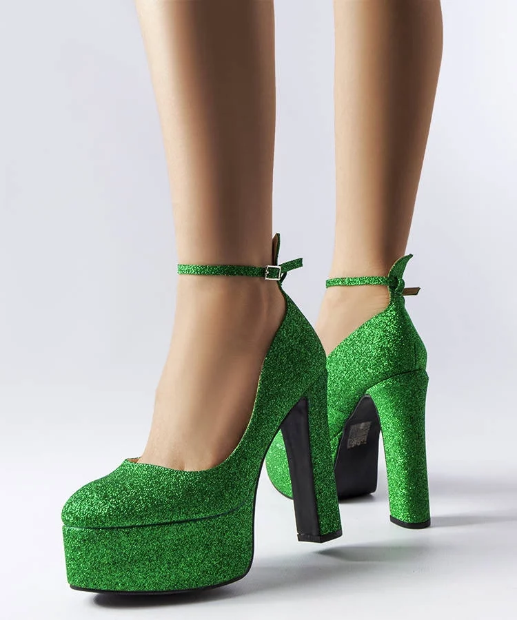 Zielone brokatowe czółenka na słupku Bellamy