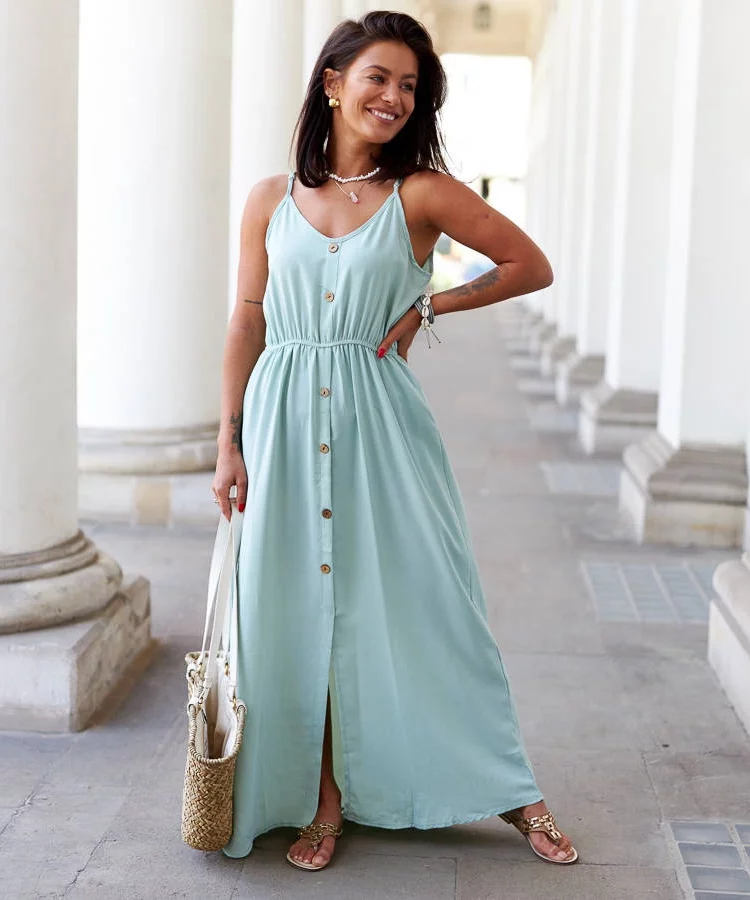 Zielona długa sukienka z rozcięciem Édouard