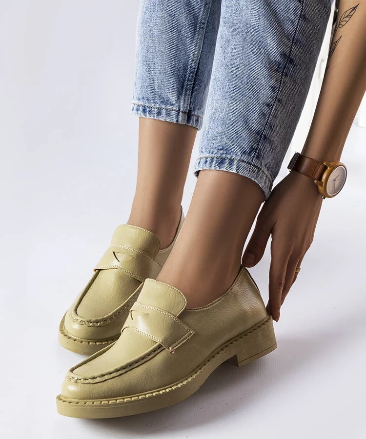 Zielone mokasyny eleganckie skórzane na grubej podeszwie Élodie