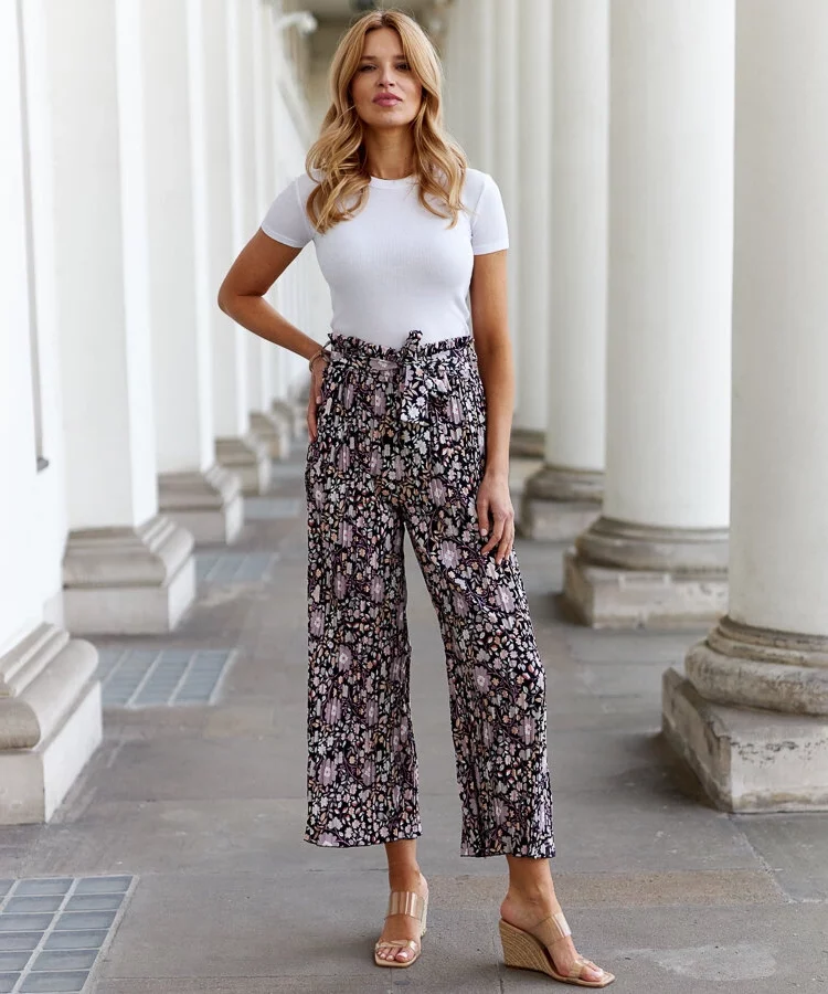 Czarne plisowane spodnie w kwiaty Macognano