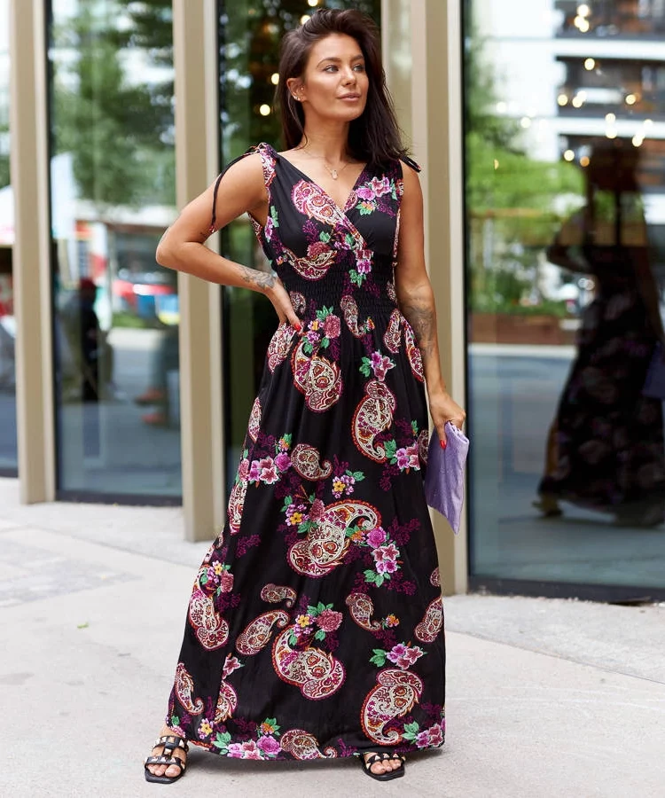 Czarna wzorzysta sukienka maxi Bagnaturo