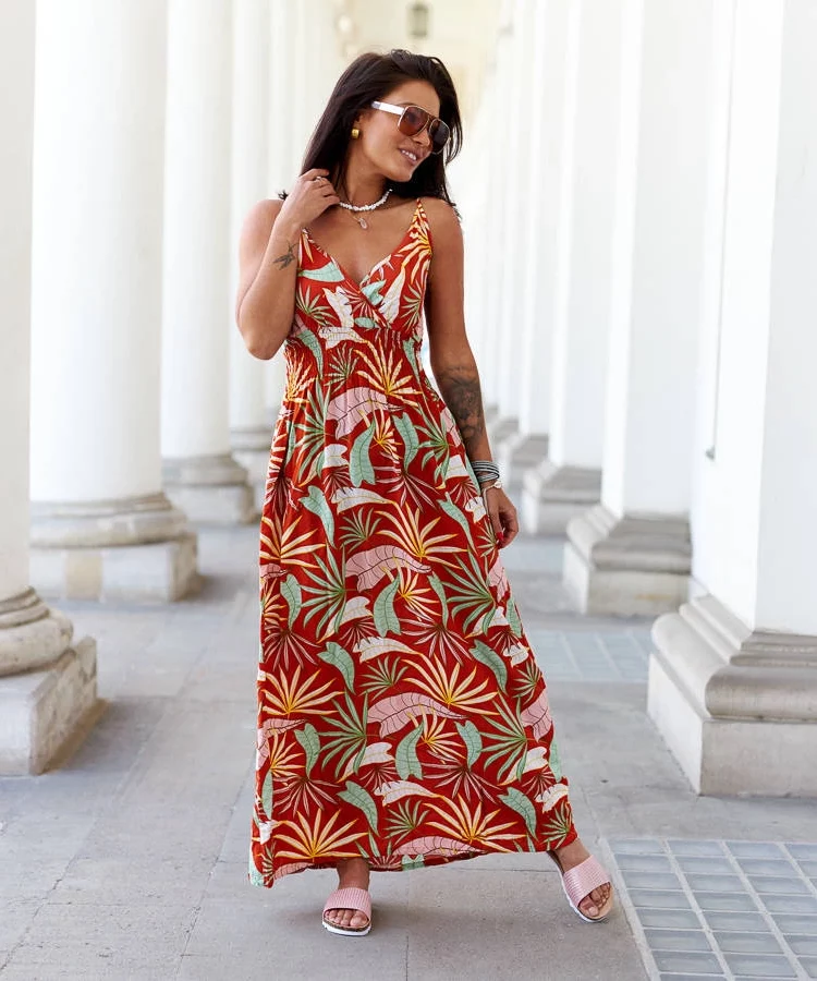 Pomarańczowa wzorzysta sukienka maxi Muzio