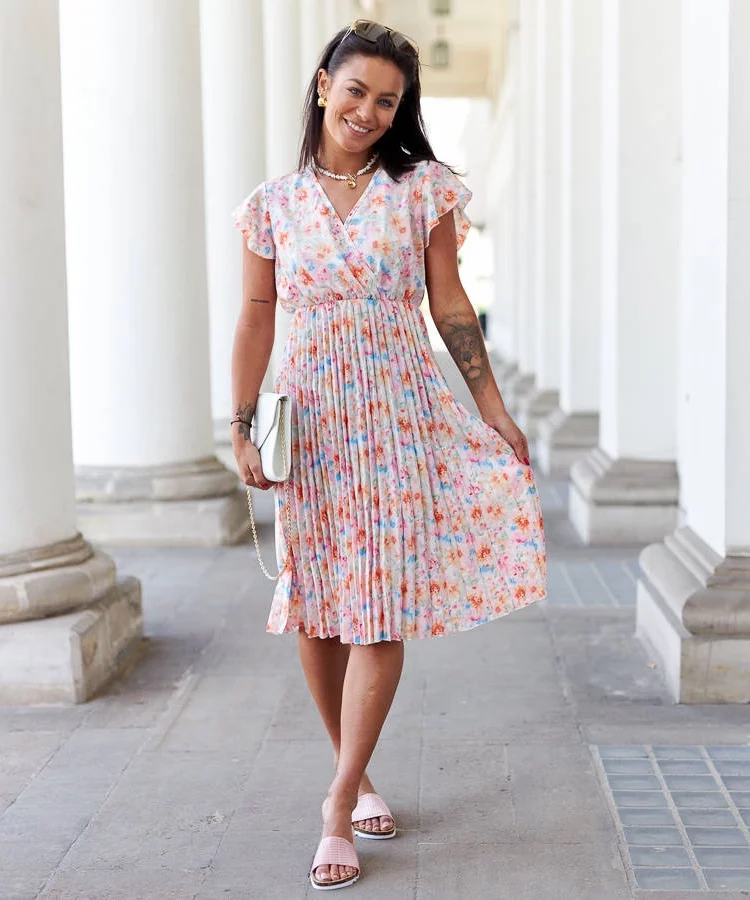 Różowa sukienka plisowana w kwiaty Ottavio