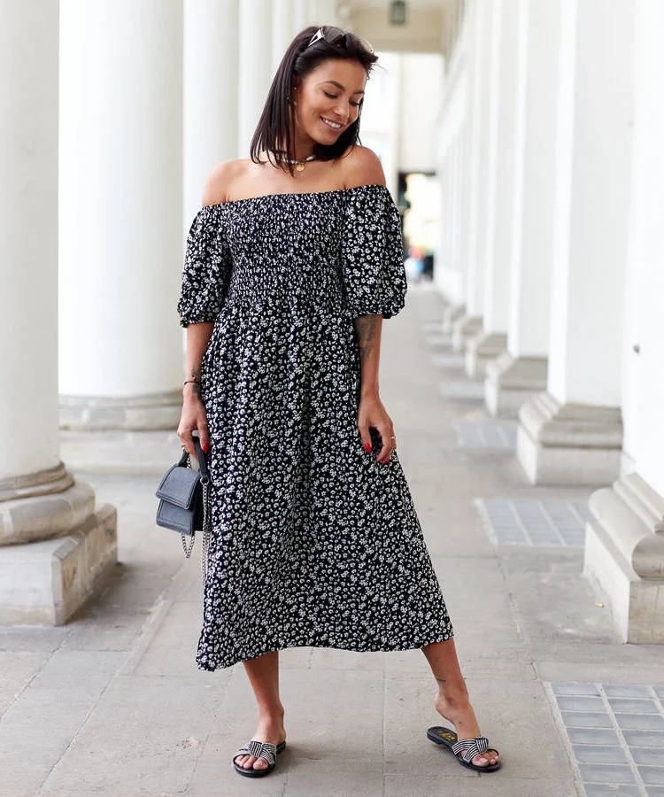 Czarna sukienka midi w kwiaty Castiglione
