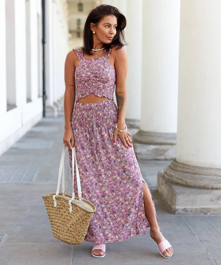 Różowy komplet z topem i spódnicą Febo