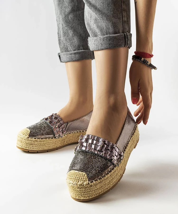 Srebrne espadryle z cyrkoniami Lauro  - pleciona podeszwa