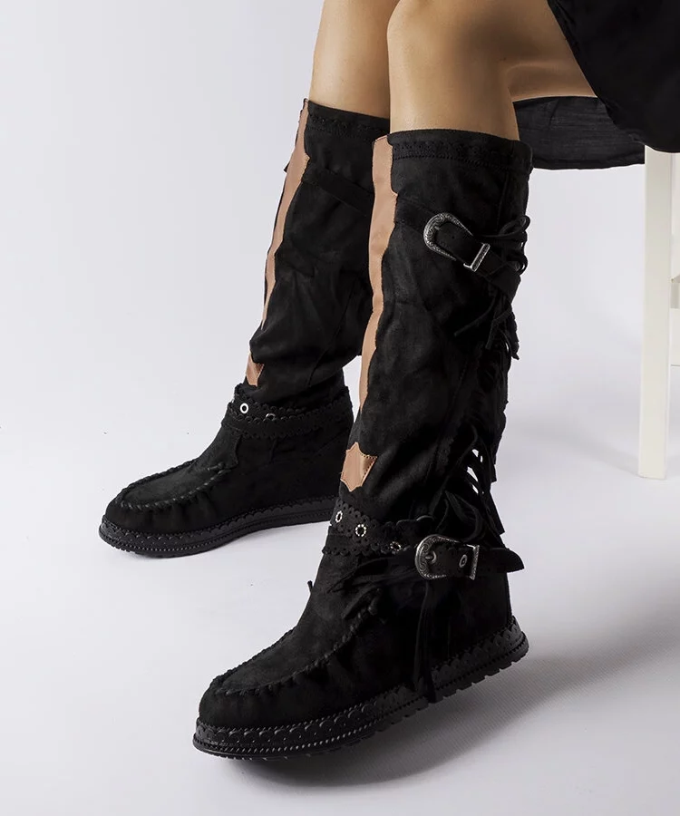 Kozaki czarne zamszowe na krytym koturnie Filiberta