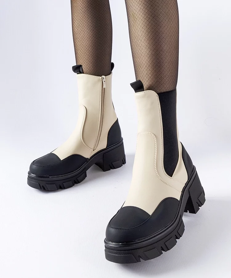 Beżowo-czarne wsuwane masywne botki Mafalda