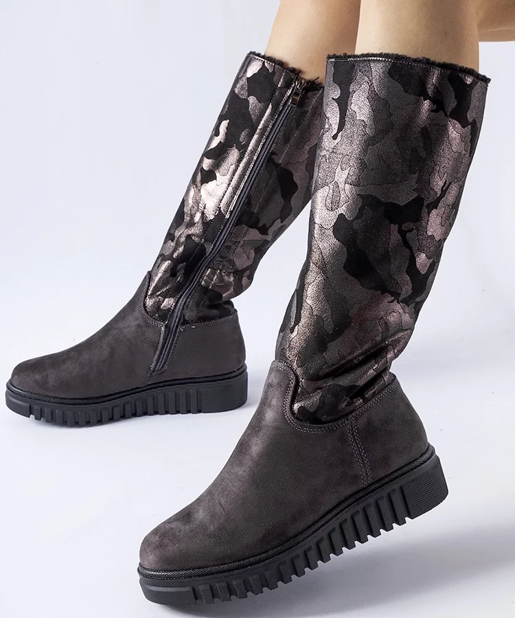 Szare ocieplane kozaki moro eko-zamsz Piazzola