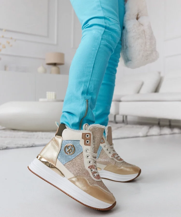 Złote ocieplane sneakersy z brokatem Deleon