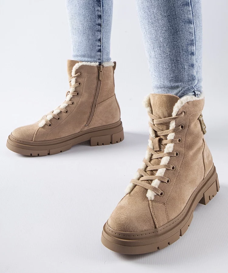 Beżowe botki ocieplane z eko-zamszu Pompei