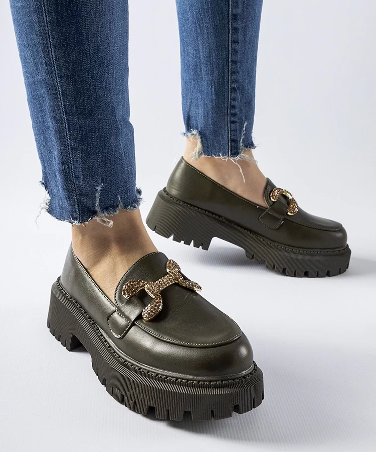 Zielone mokasyny zdobione cyrkoniami Uzzone