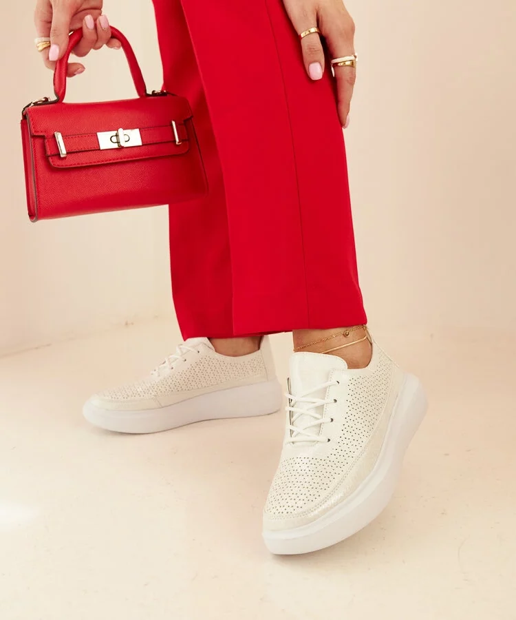 Trampki damskie srebrne na platformie sznurowane ażurowe Lori