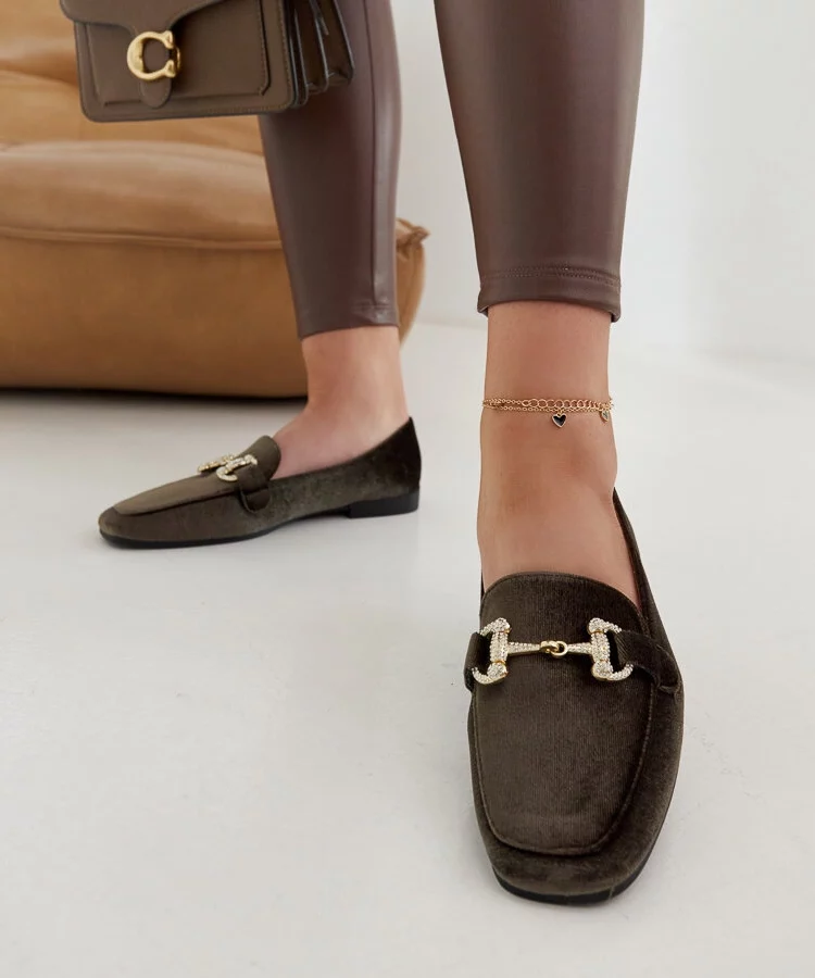 Zielone welurowe mokasyny z cyrkoniami Fabrizia