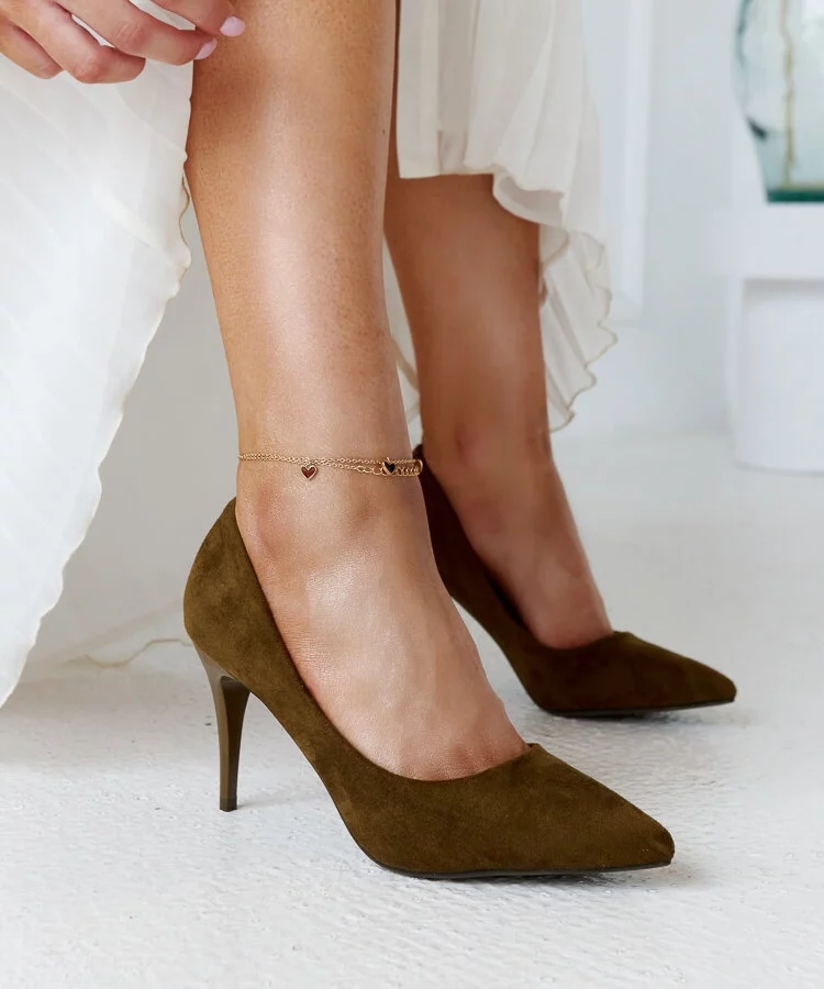 Ciemnozielone szpilki ze skórzaną wkładką Paume