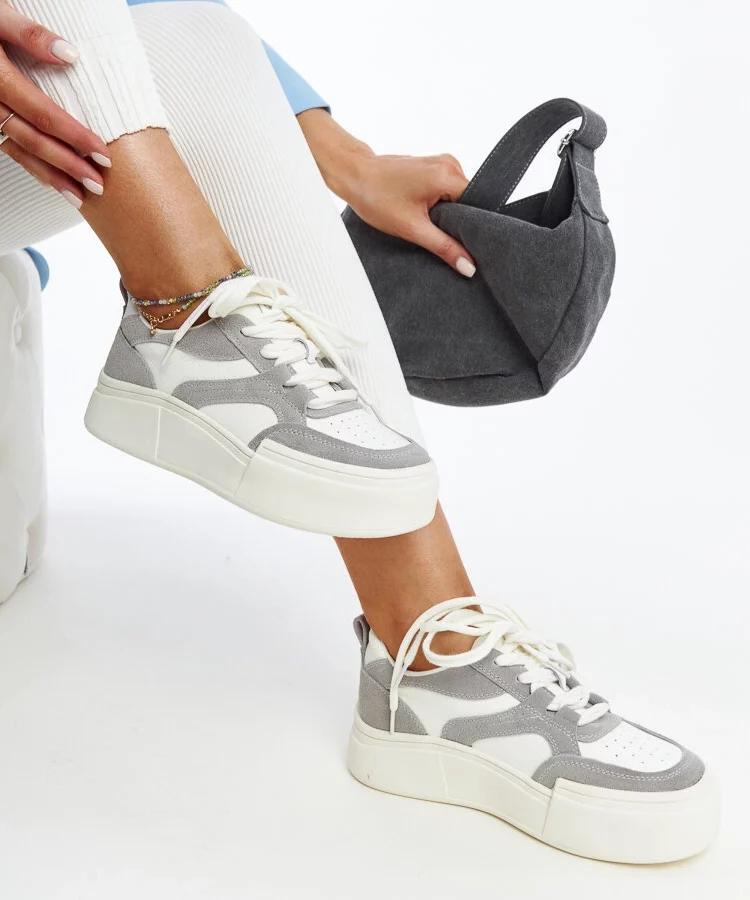 Szaro-białe skórzane sneakersy na grubej podeszwie Kawthar