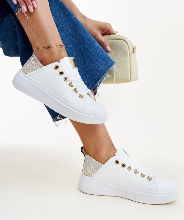 Biało-beżowe sneakersy z cyrkoniami Antonietta