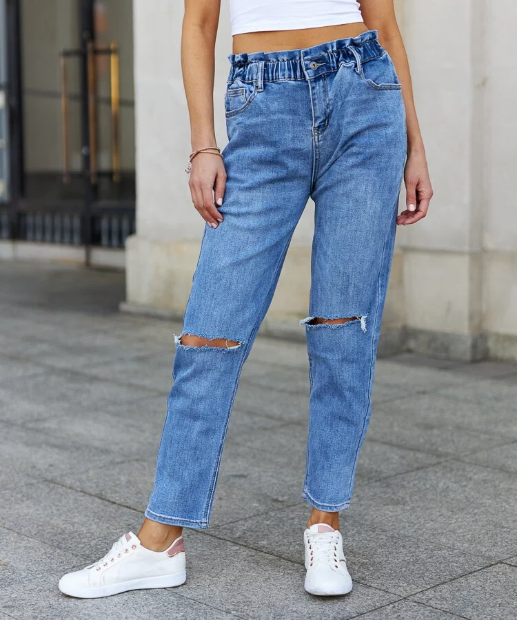 Jeansy paperbag z przetarciami Putzu