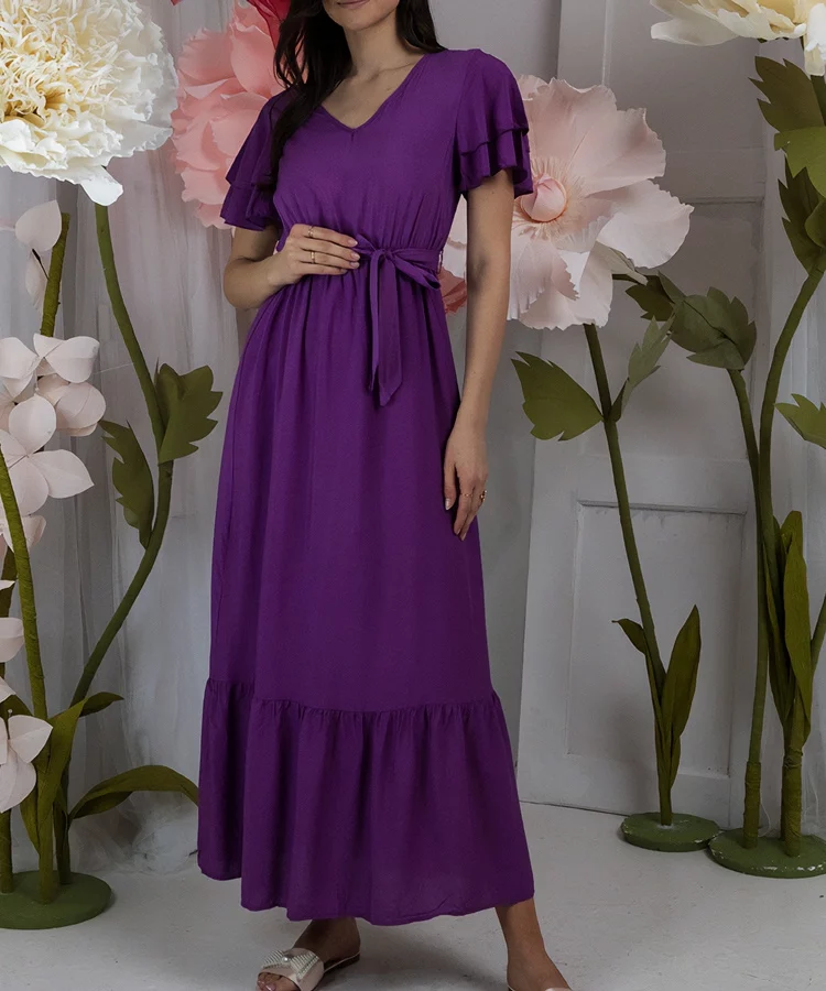 Fioletowa sukienka maxi z krótkim rękawem Akina