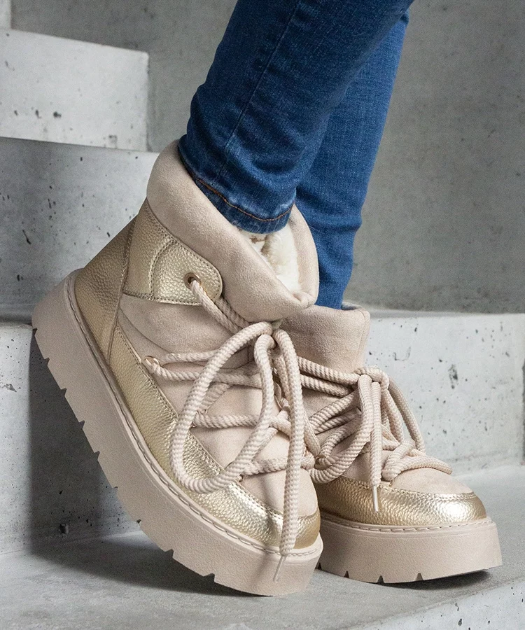 Beżowe śniegowce na platformie ocieplane futerkiem Sapphi