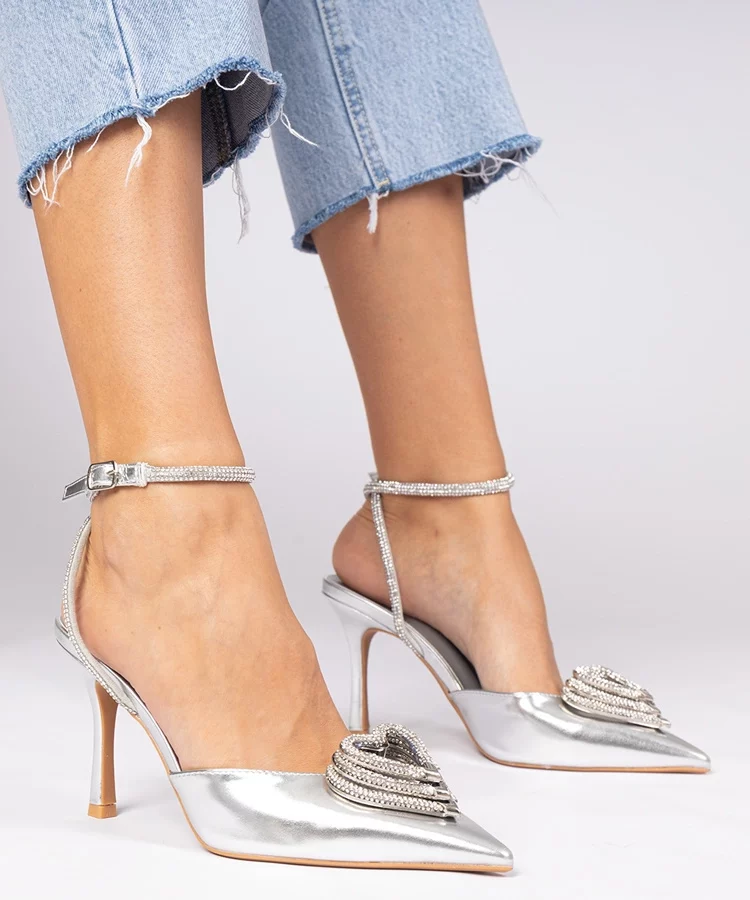 Srebrne szpilki z odkrytą pięta zdobione cyrkoniami Isoda