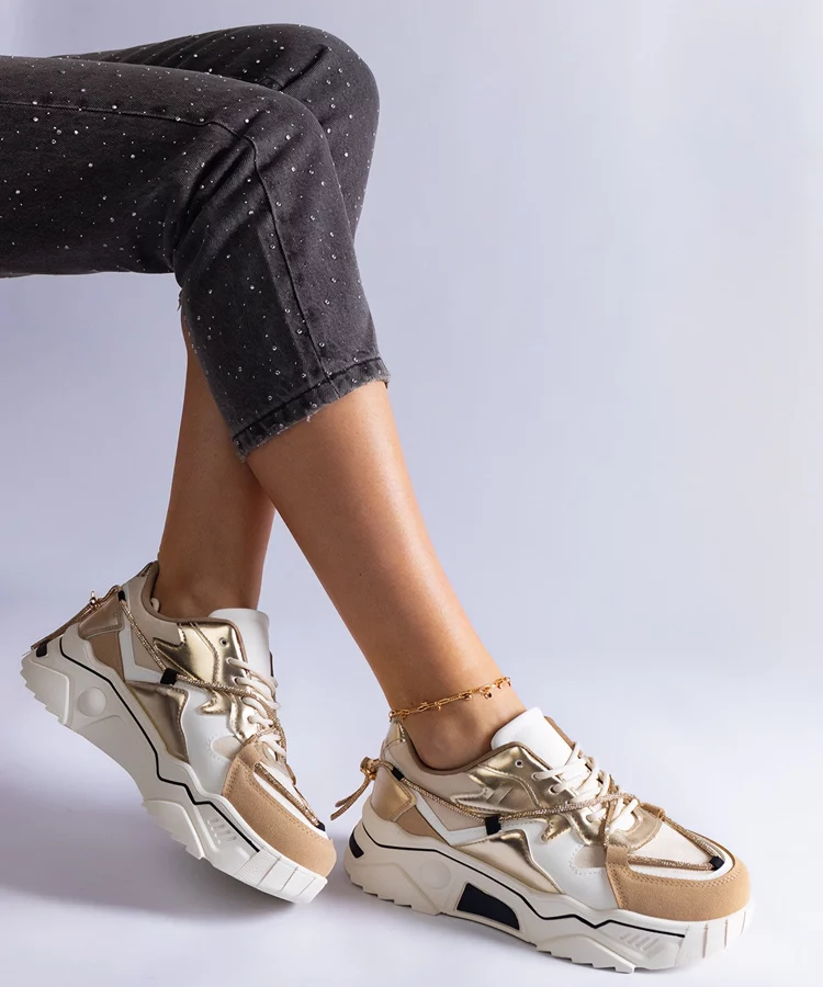 Beżowe sneakersy zdobione cyrkoniowym sznurkiem Valdeza