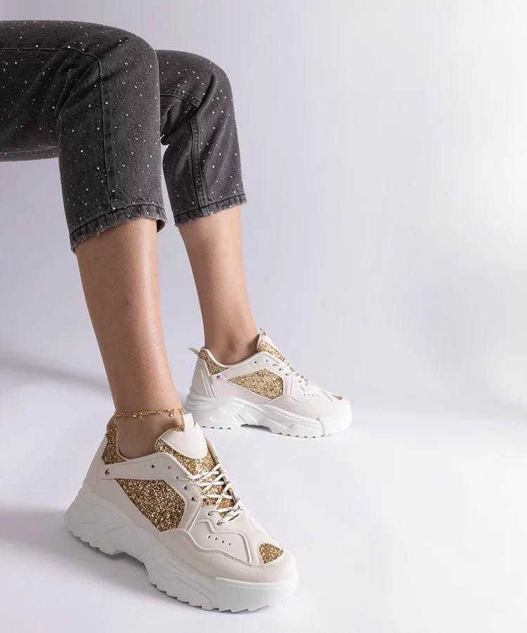 Beżowe sneakersy damskie z brokatowymi wstawkami Caraballo