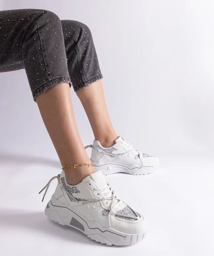 Białe sneakersy damskie z brokatem Agar