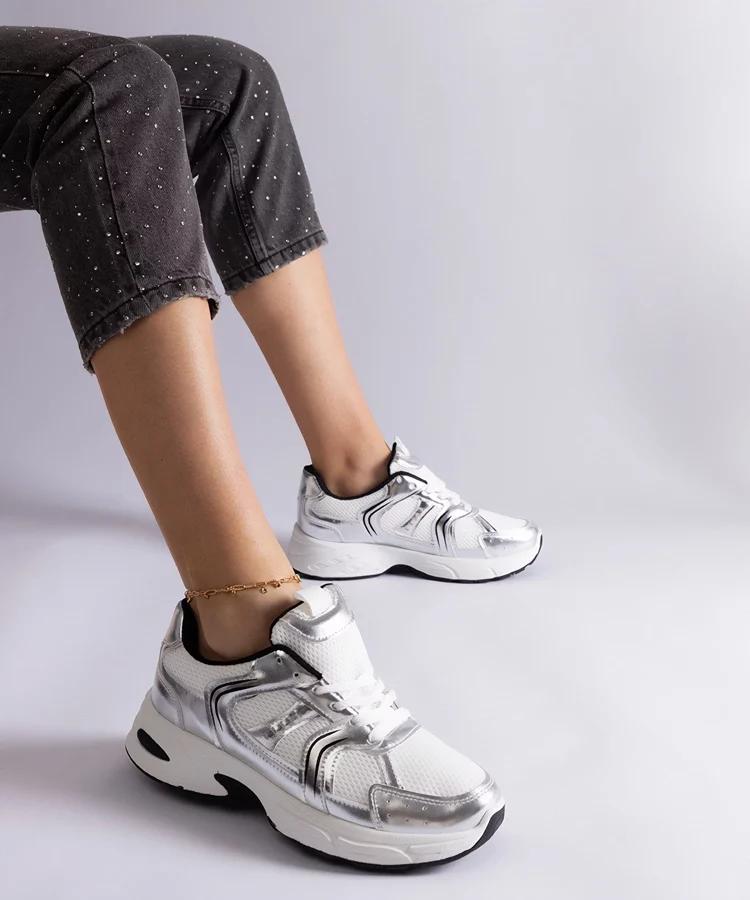 Biało-srebrne sneakersy sportowe Ena