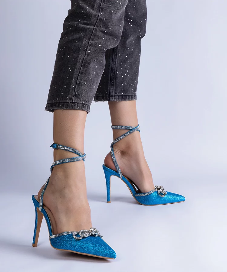 Niebieskie szpilki brokatowe z kokardką i cyrkoniami Merkuri