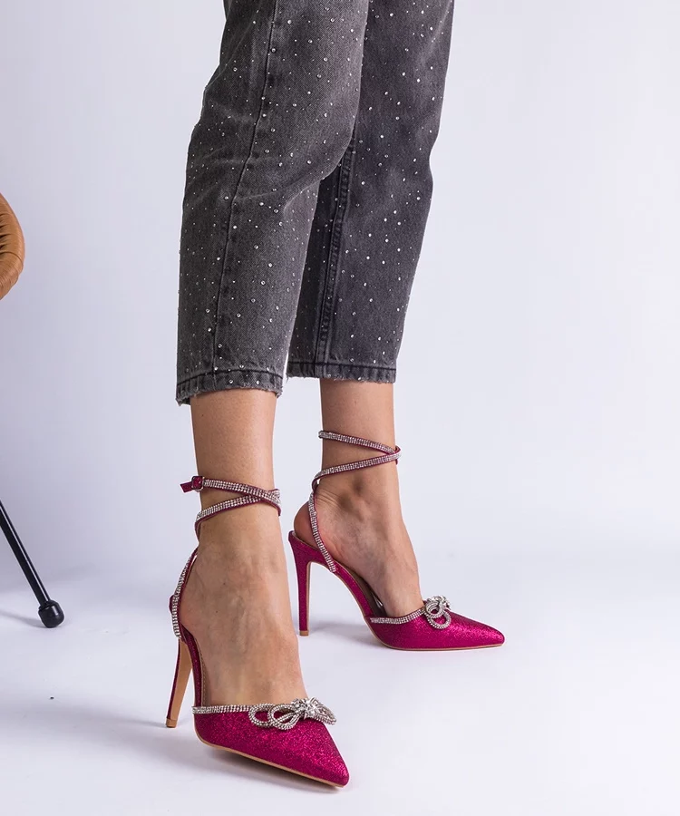 Różowe szpilki brokatowe z kokardką i cyrkoniami Merkuri