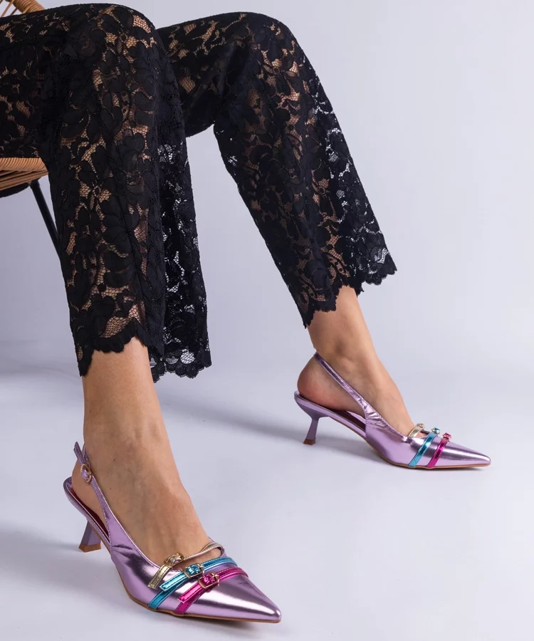 Fioletowe szpilki kaczuszki z otwartą pieta Perfecta