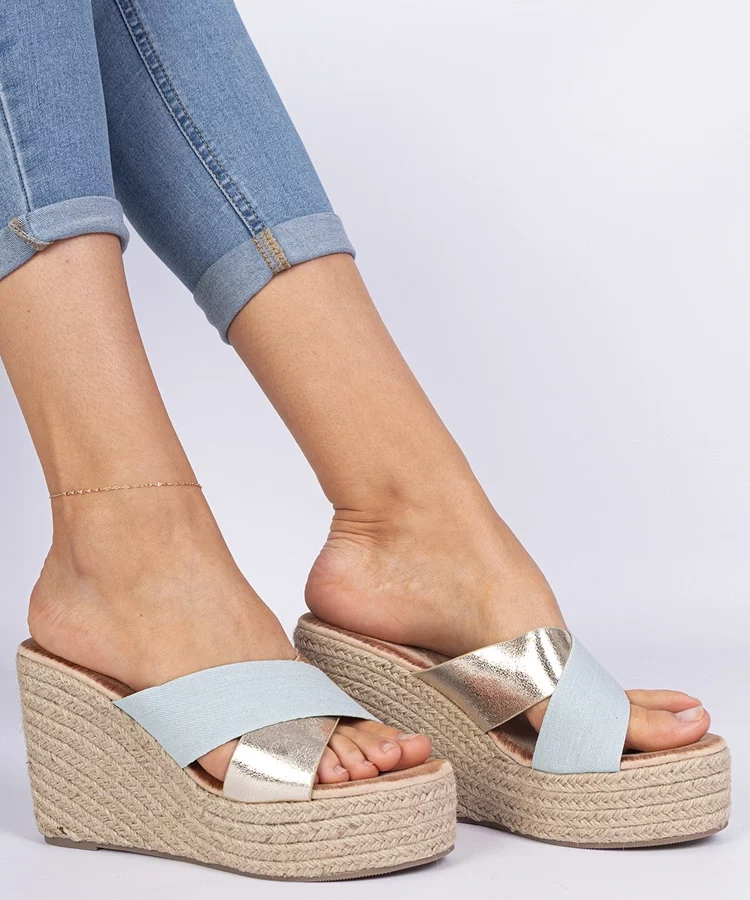 Jeansowe klapki espadryle na koturnie Lerada