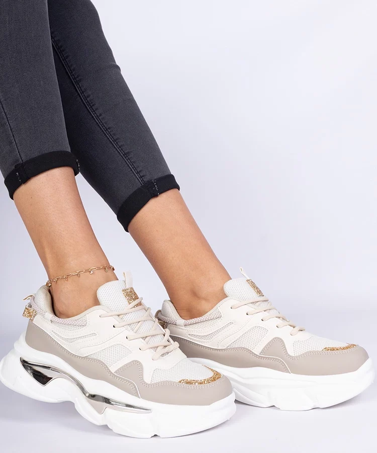 Beżowe sneakersy damskie zdobione brokatem Prutto