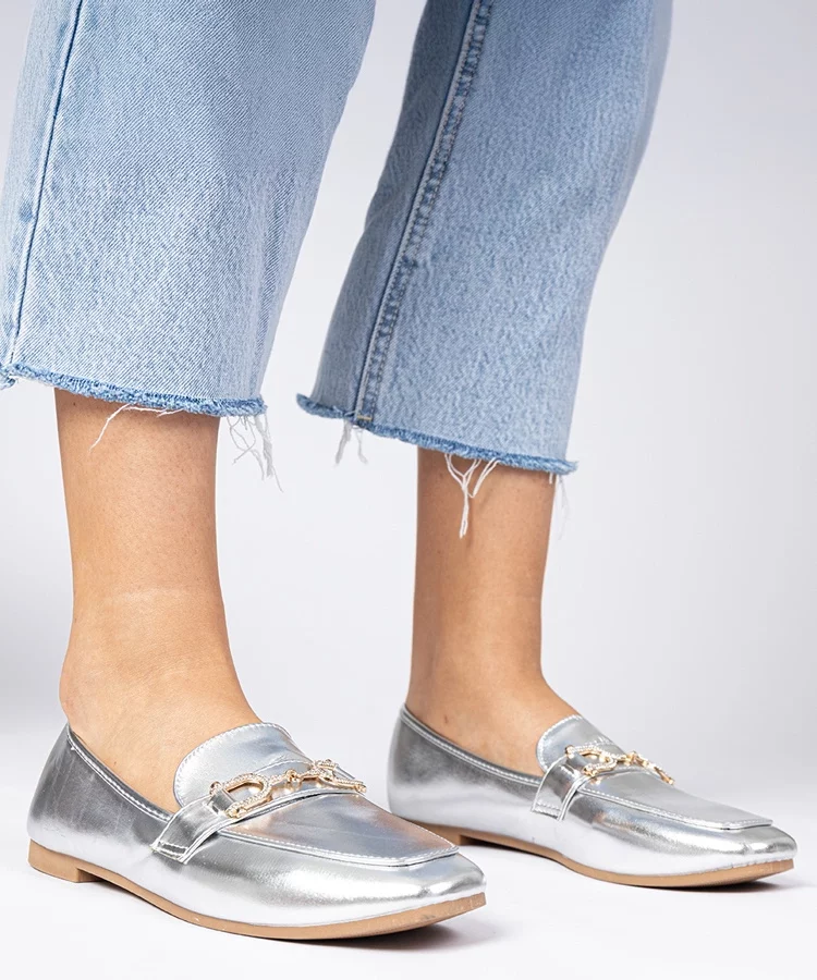 Srebrne eleganckie mokasyny z cyrkoniami Banzao