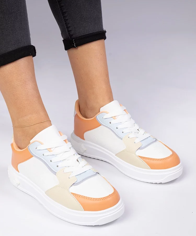 Biało-pomarańczowe sportowe sneakersy z ekoskóry Lavilia