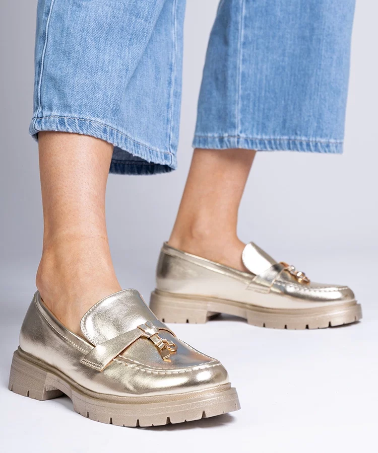 Złote eleganckie mokasyny z ekoskóry ze zdobieniem Marsella