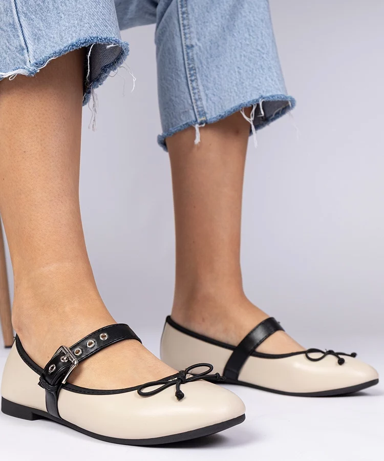 Beżowe damskie balerinki z kokardką Mansy