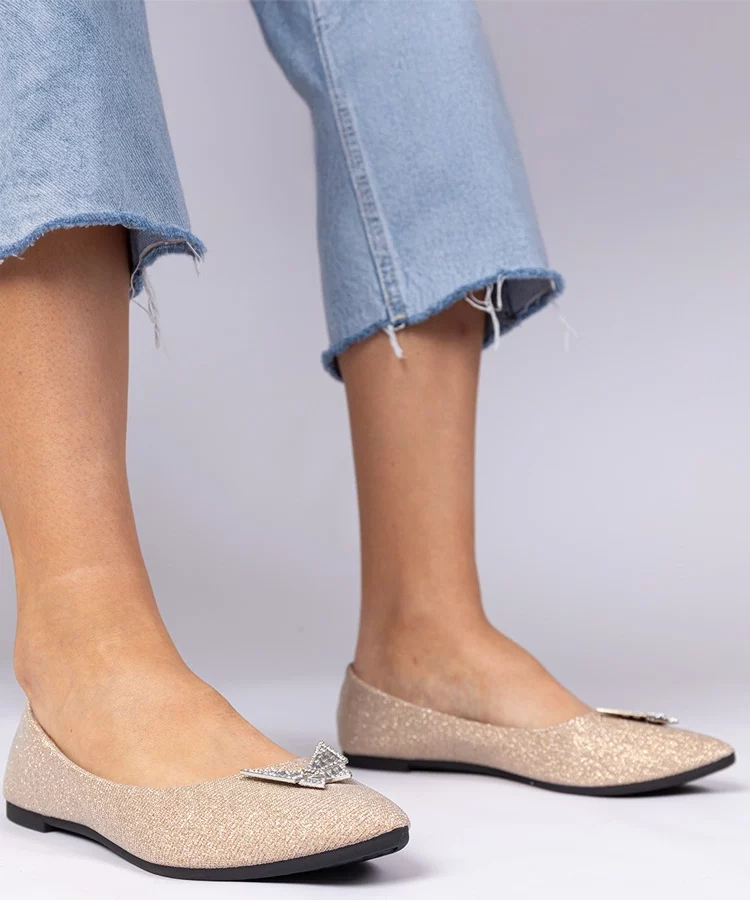 Szampańskie damskie balerinki brokatowe z motylkiem Denny