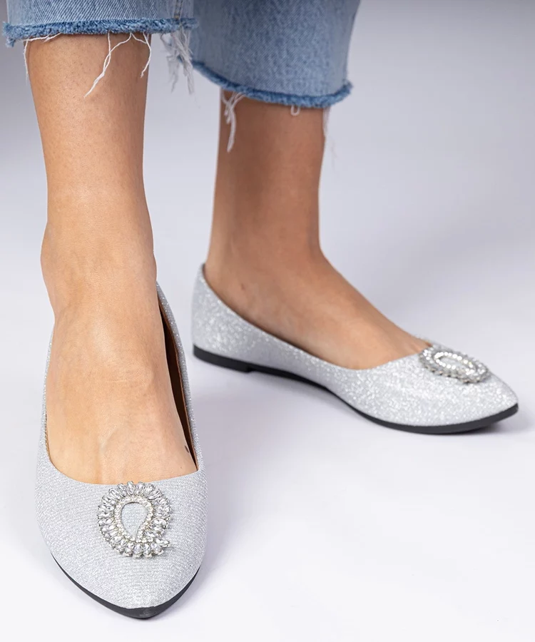 Srebrne damskie balerinki brokatowe z cyrkoniami Ellada