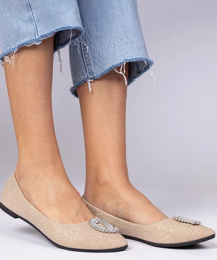 Szampańskie damskie balerinki brokatowe z cyrkoniami Ellada