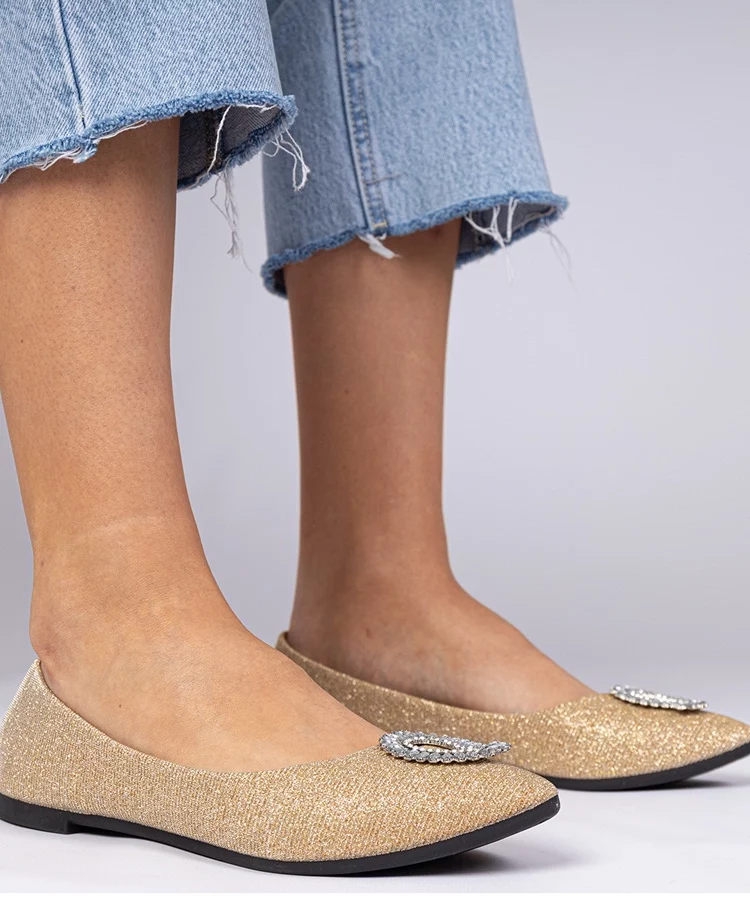Złote damskie balerinki brokatowe z cyrkoniami Ellada
