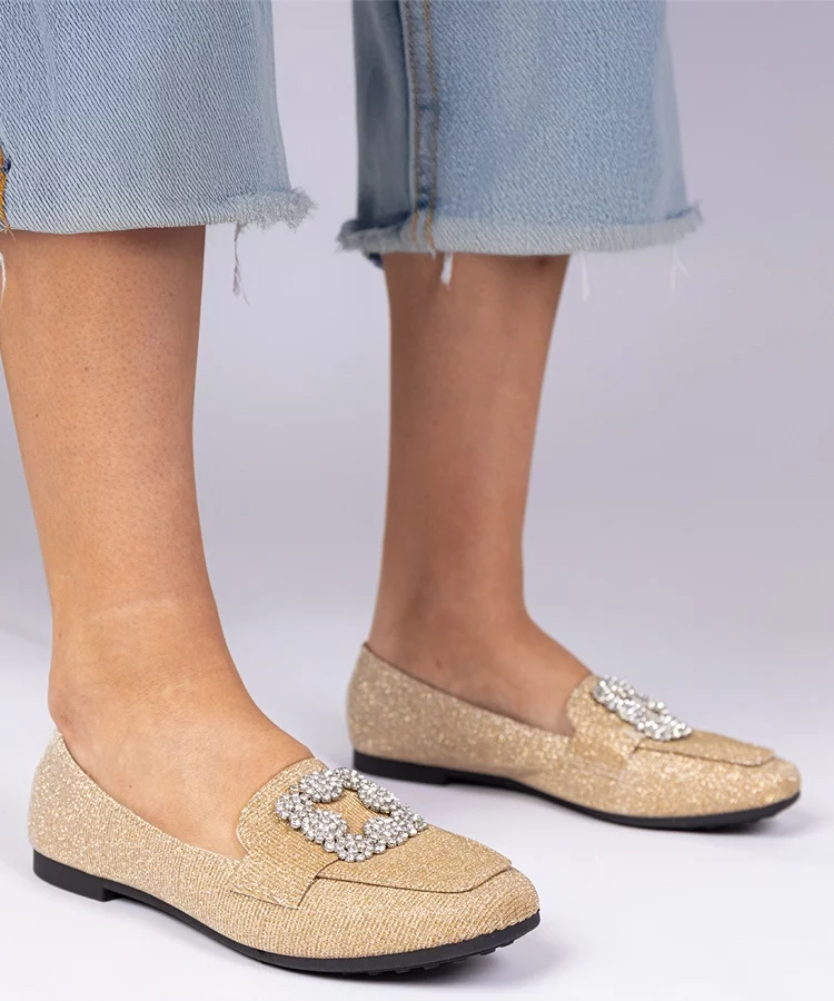 Złote brokatowe mokasyny z cyrkoniami Sawelia