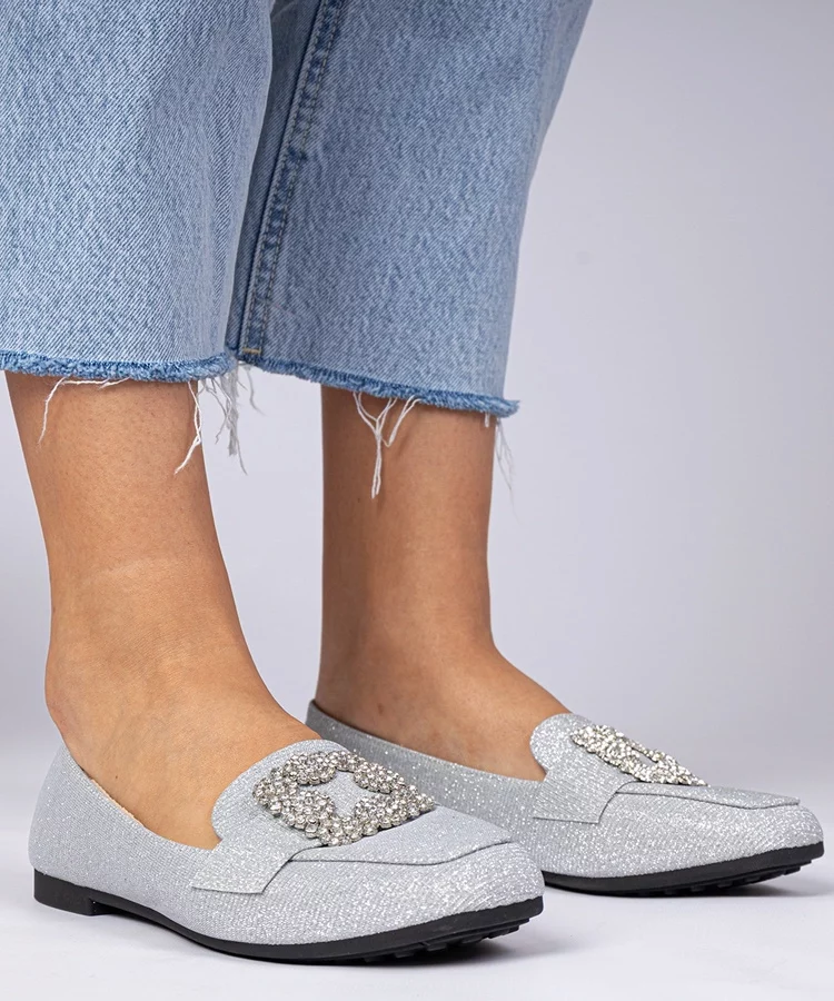 Srebrne brokatowe mokasyny z cyrkoniami Sawelia