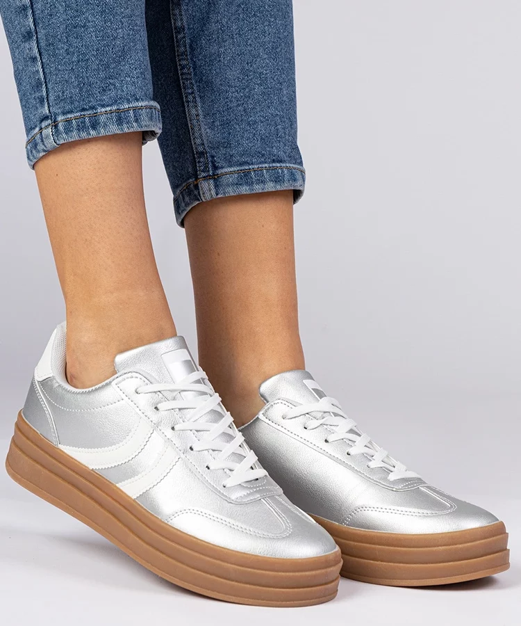 Srebrne sneakersy trampki damskie sportowe na platformie Melly