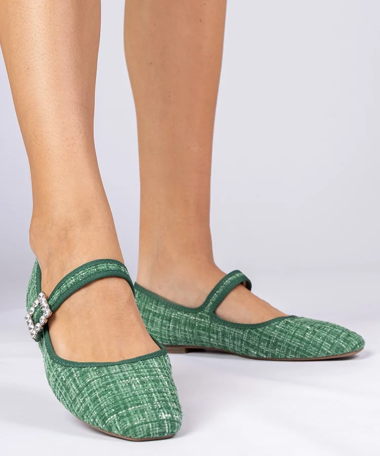 Zielone damskie balerinki z klamrą i krysztalikami Piona