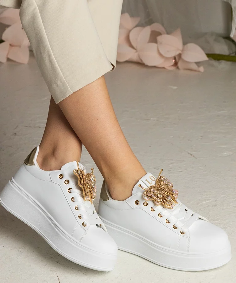 Biało-złote sneakersy zdobione motylkiem z cyrkoniami Kariba